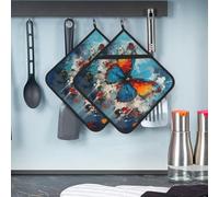 Lot de 2 maniques résistantes à la chaleur avec boucle de suspension et dessous de plat épais pour cuisine et four Motif papillon