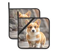 Lot de 2 maniques résistantes à la chaleur - Motif chiens corgi - Lavables - Dessous de plat carré avec boucles de suspension - Pour barbecue et pâtisserie - 20 x 20 cm