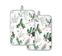 Lot de 2 maniques résistantes à la chaleur pour la maison, la cuisson, le micro-ondes, le barbecue, le four (motif feuilles de houx)