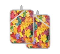 Lot de 2 maniques résistantes à la chaleur pour la maison, la cuisson, le micro-ondes, le barbecue, le four (feuilles colorées et automne)