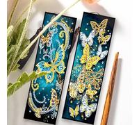 Lot de 2 Marque-page de Peinture au Diamant Bricolage Diamond Painting Signets,Diamond Art Bookmark Broderie Craft Peinture par Numéro Kit Cadeau pour Anniversaire Noël(Papillon vert et doré)