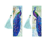 Lot de 2 marque-pages 5D DIY Diamond Painting Bookmark Paon DIY Forme spéciale Peinture en cuir Pompon Marque-page Special Shaped Diamond Pasted Painting Bookmark pour la Saint-Valentin Day