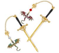 Lot de 2 marque-pages Dragon - Marque-page épée vintage en métal avec pompon, style gothique, idéal pour les lecteurs, les étudiants et les enseignants (Vert + Rouge)