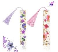 Lot de 2 marque-pages en forme de fleurs séchées avec pompon, marque-pages floraux en résine transparente, fait à la main, joli marque-page, cadeau pour lecteur, enseignant, étudiant (rose + violet)