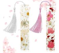 Lot de 2 marque-pages en forme de fleurs séchées avec pompon, marque-pages floraux en résine transparente, fait à la main, joli marque-page, cadeau pour lecteur, enseignant, étudiant (rose + blanc)