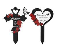 Lot de 2 marqueurs funéraires en forme de croix et piquet de jardin en forme de cœur « Forever in my heart Miss you » - Plaque commémorative pour le cimetière - En acrylique étanche - Pour le jardin