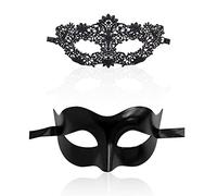 Lot de 2 masques couples, 1 motif floral, 1 style classique noir pour une fête sexy élégante, carnaval Venise, Halloween, mascarade, demi-masque mystérieux avec les yeux bandés homme et femme