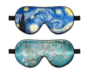 Lot de 2 masques de sommeil en soie avec bandeau élastique, effet ombrage, zéro pression sur les paupières et les cils,voyager ou faire une sieste (amandiers en fleurs et la nuit étoilée)