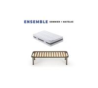 Lot de 2 Matelas 100x200 x 23 cm + 2 Sommiers + pieds + 2 Protèges Matelas + 2 Oreillers Mémoire Offerts avec Latex Naturel densité 80 Kg/m3 - Tissu