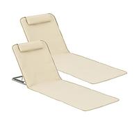 Lot de 2 Matelas de Plage Bain de Soleil avec Dossier Inclinable Structure Solide Ensemble Tapis Rembourrés avec Repose-Tête Sac de Transport Acier Polyester Beige