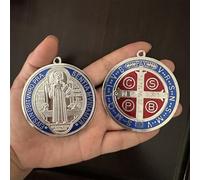 Lot de 2 médailles de croix St Benoît 7,6 cm finition laiton vintage pour mur ou bureau (bleu)