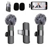 Lot de 2 microphones cravate sans fil pour téléphone, mini micro cravate Plug & Play avec réduction du bruit pour enregistrement TikTok, podcast et ASMR (noir, USB-C + convertisseur en fourrure)