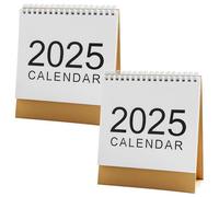 Lot de 2 mini calendriers de bureau 2025, planificateur mensuel simple, design à spirale avec base marron, style minimaliste blanc, grand format « 2025 » sur le devant, idéal pour une utilisation au