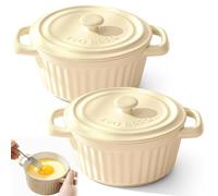 Lot de 2 mini cocottes avec couvercle, en porcelaine, avec poignées, petits ramequins à gratin en céramique, pour lasagnes, soufflé, four, micro-ondes et lave-vaisselle (beige-S-2 pièces)