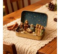 Lot de 2 mini crèches de Noël dans une boîte en étain - Crèche de poche fabriquée à la main - Petites figurines portables en résine - Petite décoration de Noël religieuse pour bureau, étagère, bureau