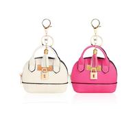 Lot de 2 mini porte-clés sac à cosmétiques pour femme en cuir PU Sac à dos Porte-clés clé de voiture Porte-monnaie Rouge à lèvres Porte-cartes Données Câble Organisateur Fermeture éclair, Blanc + rose
