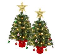 Lot de 2 Mini sapins de Noël de 0,6 m avec lumières, étoile et Mini Boules de Noël, pour décoration de Maison, Cuisine, Table à Manger
