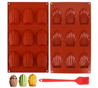 Lot de 2 Moule Madeleine Silicone, Silicone Moulle de Madeleines Cuisson à 9 Trous Forme de Coquille Antiadhésifs Madeleine Plaque Pâtisserie avec Brosse pour Gâteau, Chocolat, Muffin Rouge Brique