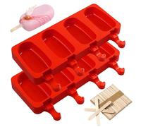Lot de 2 moules à 4 cavités en silicone avec 50 bâtonnets en bois, moules à glace faits maison sans BPA pour enfants (rouge)