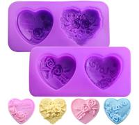 Lot de 2 moules à savon en silicone avec motif cœur et rose, parfaits pour la fabrication de savon et les bombes de bain, fournitures cadeaux de Saint-Valentin