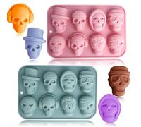 Lot de 2 moules de cuisson 3D à 8 cavités sur le thème du crâne pour chocolat, gâteau et loisirs créatifs en rose et bleu
