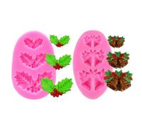 Lot de 2 moules de Noël en silicone amusants en forme de feuille de houx, clochette, fondant, moule à chocolat pour Noël, décoration de gâteau ou sucettes