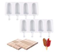 Lot de 2 moules ovales à 4 cavités, Moule Magnum Cake, en silicone réutilisables pour crème glacée maison, Yaourt (100 Bâtonnets en Bois)
