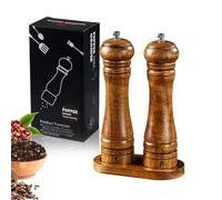 Lot de 2 moulins à sel et à poivre en bois avec soucoupe - Grand moulin à épices avec broyeur en céramique réglable pour épices, poivre, sel (21 cm)
