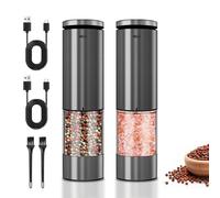 Lot de 2 moulins à sel et poivre électriques en acier inoxydable avec lumière LED automatique Fonctionnement à une main Rechargeable Réglable Rator en céramique Gris