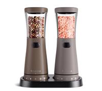 Lot de 2 moulins à sel et poivre électriques en acier inoxydable (rechargeables, éclairage LED, avec broyeur en céramique réglable, brosse de nettoyage) Moulin à épices électrique, gris clair/caramel