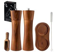Lot de 2 moulins à sel et poivre en bois - Moulin à épices manuel en céramique - Moulin à poivre avec soucoupe - Réglable pour épices, poivre, sel - Hauteur : 20 cm