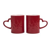 Lot de 2 Mugs Collection Amour & Cafe 30 cl en grès avec anses en Forme de cœur Rouge
