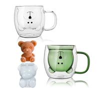 Lot de 2 mugs mignons ours mignons ours tasse à thé 250 ml en verre à double paroi tasse à café au lait avec poignée mignons cadeaux d'anniversaire pour femme homme (blanc vert)