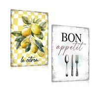 LOT DE 2 - Murale Decoration Cuisine en Plaque Metal Vintage - Pancarte avec Citron - Bon Appetit - TAILLE A4