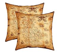 Lot De 2 Nautical L'île Map Taie d'oreiller 60x60cm Old Map Pirates Ship Housse Coussin Taies d'oreiller pour Maison Le Salon Décor Taie Oreiller Réversible La mer Crâne Décor Housse de Coussin