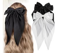 Lot de 2 nœuds à cheveux pour femmes et filles en satin noir et blanc - Grandes pinces à cheveux surdimensionnées avec longues queues, rubans à cheveux élégants, accessoires pour cheveux de style