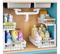 Lot de 2 organisateurs de rangement sous évier en métal Version 3.0 améliorée Rangement coulissant multifonction cuisine/salle de bain (blanc)