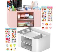 Lot de 2 organiseurs de bureau avec tiroir - 5 compartiments - Multifonctionnel - Pour stylos, bureau, maison, école - Blanc et rose