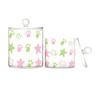 Lot de 2 organiseurs de maquillage en plastique transparent avec couvercle Motif pattes de chat Vert étoiles roses