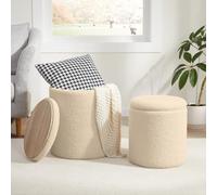 Lot de 2 ottomanes rondes en boucle avec rangement pour salon, petite table basse, tabouret de coiffeuse avec rangement pour chambre à coucher, beige