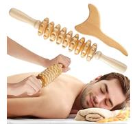 Lot de 2 outils de drainage lymphatique, outils massage en bois naturel, outil Gua Sha réutilisable pour corps lisse et rouleau massage en bois à 9 roues pour les jambes, le dos, le cou, les br
