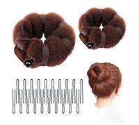 Lot de 2 outils de fabrication de chignon en éponge marron pour chignon avec boutons-pression et bandeau à cheveux, 2 tailles, avec 20 clips en U.