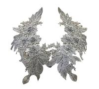 Lot de 2 paires d'appliques en dentelle à coudre sur les vêtements - Motif floral 3D - Pour loisirs créatifs - 32 x 22 cm - Argenté