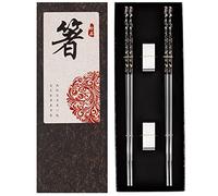 Lot de 2 paires de baguettes réutilisables en acier inoxydable plaqué titane avec support, passent au lave-vaisselle, antidérapantes, style japonais (noir argenté)