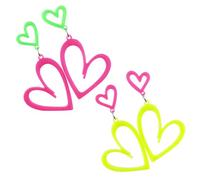 Lot de 2 paires de boucles d'oreilles en forme de cœur fluo en acrylique style années 80 et 90 pour femme, vert et jaune, accessoires de fête