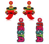 Lot de 2 paires de boucles d'oreilles mexicaines pour femme, boucles d'oreilles Fiesta Cinco de Mayo, boucles d'oreilles en forme de piñata, sombrero, chili, boucles d'oreilles pour le jour de
