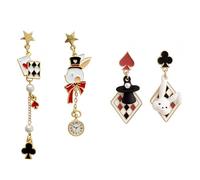 Lot de 2 paires de boucles d'oreilles Queen of Hearts pour femme - Motif carte à jouer - Rouge - Motif carte de poker - Accessoires pour fête sur le thème d'Alice au pays des merveilles, Zinc, Pas de
