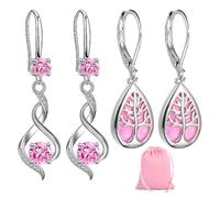 Lot de 2 paires de boucles d'oreilles roses pour femme avec 1 sac de rangement rose, boucles d'oreilles pendantes en diamant, boucles d'oreilles en cristal, bijoux roses, Cuivre