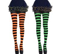 Lot de 2 paires de collants rayés pour Halloween, collants à rayures avec rayures noires, orange et noir-vert, collants opaques pour Halloween, pour femme