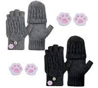 Lot de 2 paires de gants chauffants avec 4 patchs en forme de patte de chat, gants à rabat, gants tricotés, demi-doigts ; gants chauds et doux pour hommes et femmes (noir et gris)
